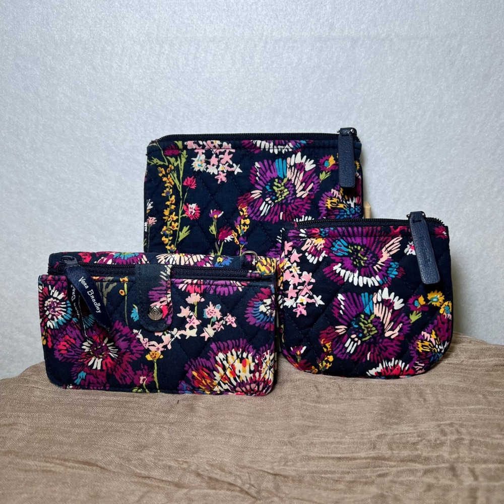 Vera Bradley Midnight Wildflowers Quilted 3 Piece Bundle Wallet Coin Makeup Bag